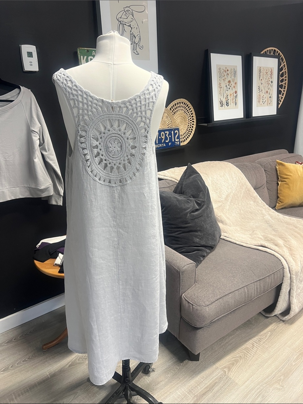 100% Linen Sleeveless Light Grey High-Low Dress with Crochet Back
